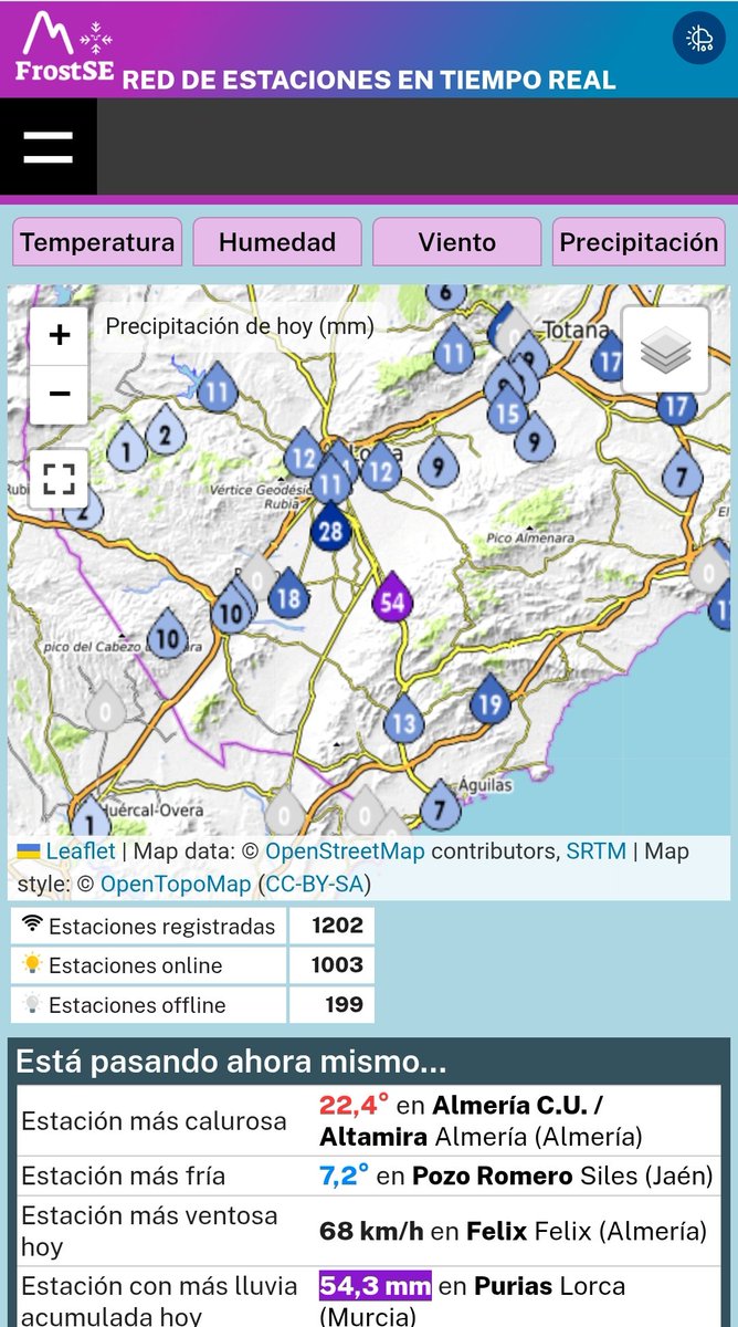 Está tarde las precipitaciones más intensas se han producido en Purias (Lorca). En la estación del SIAM de dicho paraje se han registrado provisionalmente 40.6 mm, una cifra que es la más alta registrada en octubre en dicho punto (serie 2002-2025)
