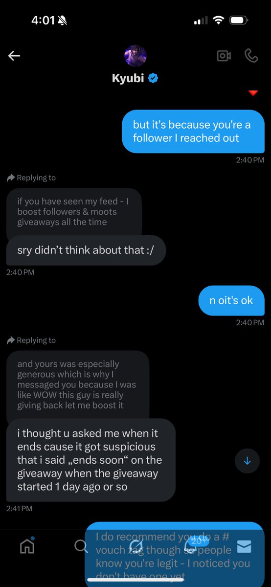 Both Cere and I got blocked by <a href="/zKyubii_/">Kyubi</a> for suspicious reasons. I tried to help him with his giveaways bc he was making his giveaways look like fake giveaways. If you enter his giveaways, please be cautious. 
I have more receipts of how I was trying to help him only to get