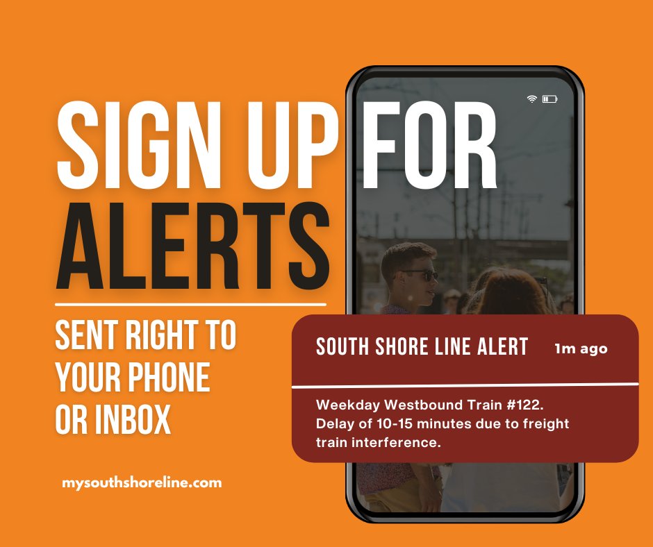 southshoreline's tweet image. Ride often? Stay in the know!
If you're a frequent rider, be sure to sign up for service alerts and updates. Be the first to know about delays, schedule changes, and news, sent right to your inbox or phone.
📲 Sign up here: public.govdelivery.com/accounts/INTRA…
 #SouthShoreLine #WorkCommute