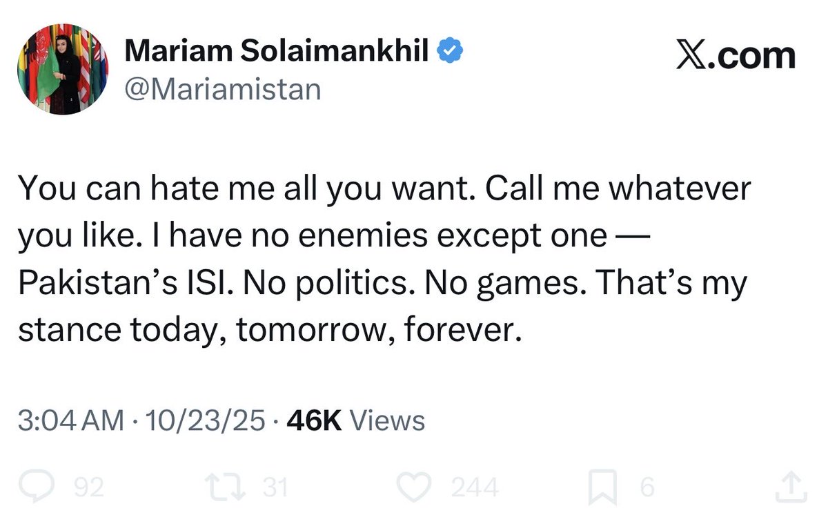 It’s absurd that this previous member of the Afghan parliament doesn’t hate the Taliban. Mariam clearly says, “I have no enemies except one- Pakistan’s ISI. No politics. No games. That’s my stance today, tomorrow, forever.”  

#BanTalibanOnX