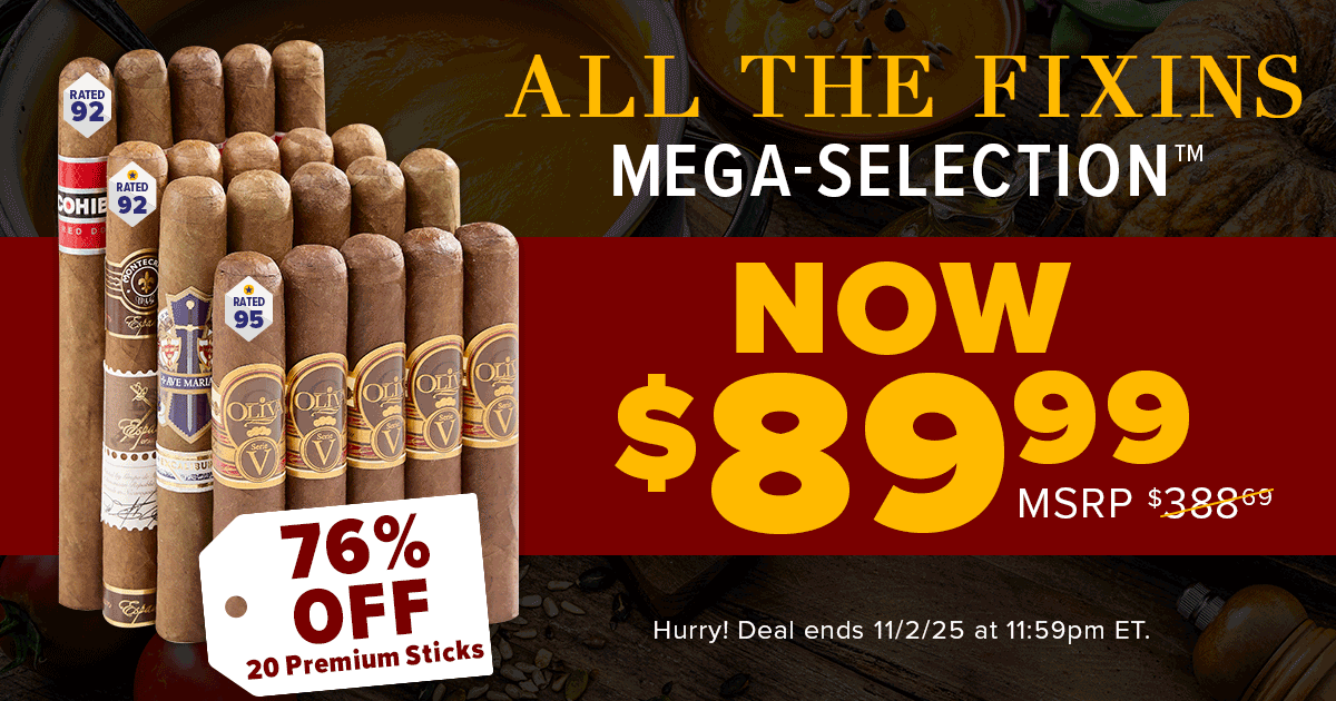 Get 76% off our All The Fixins Mega-Selection Sampler—just $89.99! 🔥 Includes 5 each of Cohiba Red Dot, Montecristo Espada, Oliva Serie V &amp; Ave Maria Excalibur. A bold lineup at a bold price. Offer ends on 11/2 at 11:59pm ET!
bit.ly/4qALi38