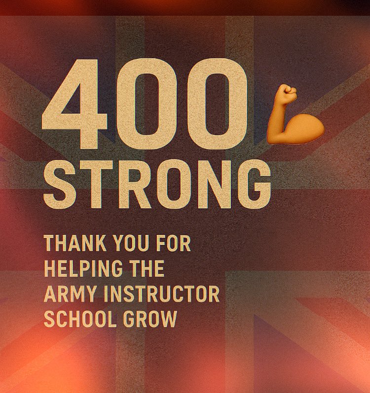 400 instagram followers 🥳 

Thank you all  🙌🙌

🇬🇧 <a href="/ArmyInstrSchool/">🇬🇧 The Army Instructor School</a> 

🌟 Inspire
🧗‍♀️ Challenge
📚 Educate

‘Developing world-class instructors, mentors and leaders and shaping British Army training culture in order to prepare the future soldier to win on operations’