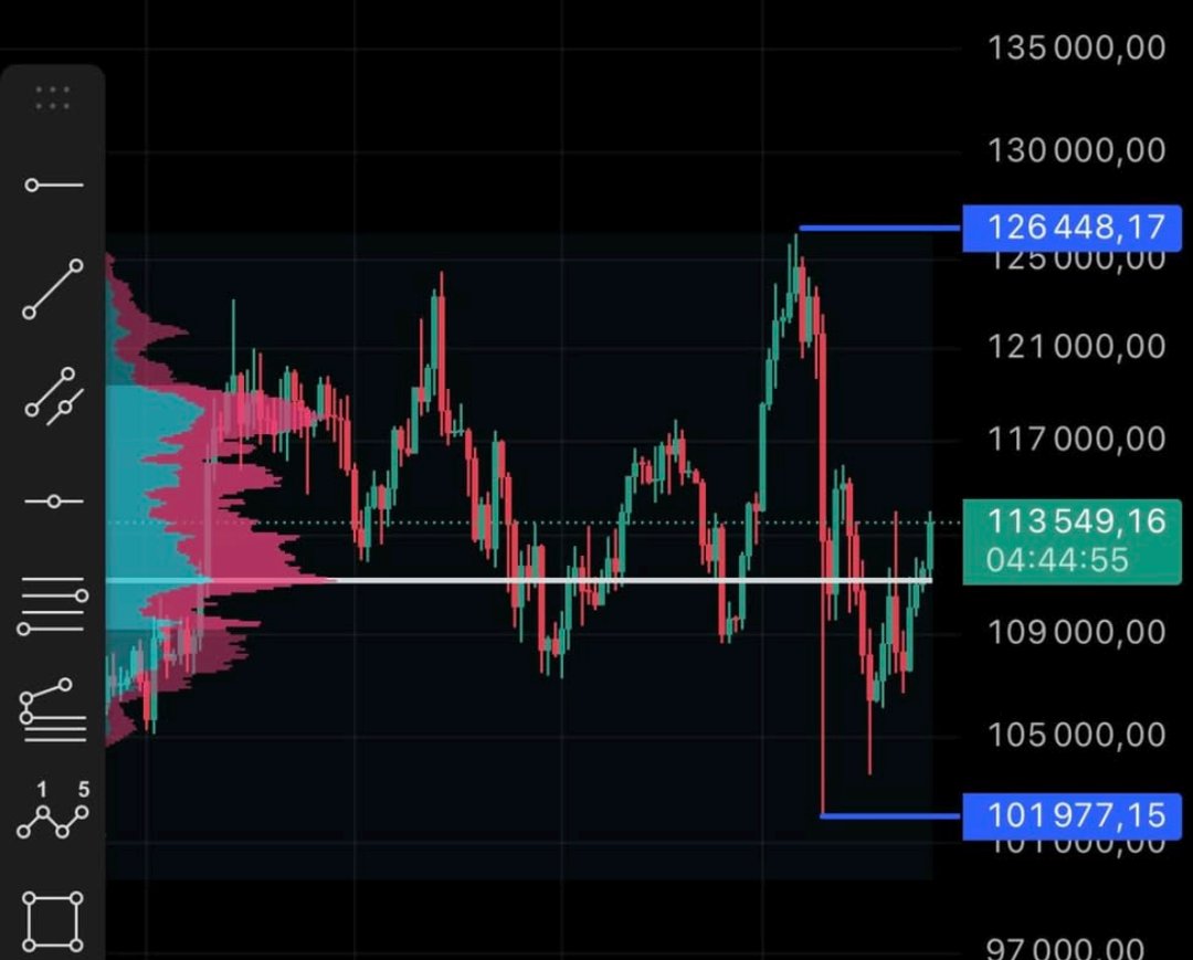 as long as BTC stays below 126k, correction’s still alive for me. look at 1D structure, horizontal volumes the real liquidations came right off the ATH. that level’s now the key lid to break before calling this correction over.