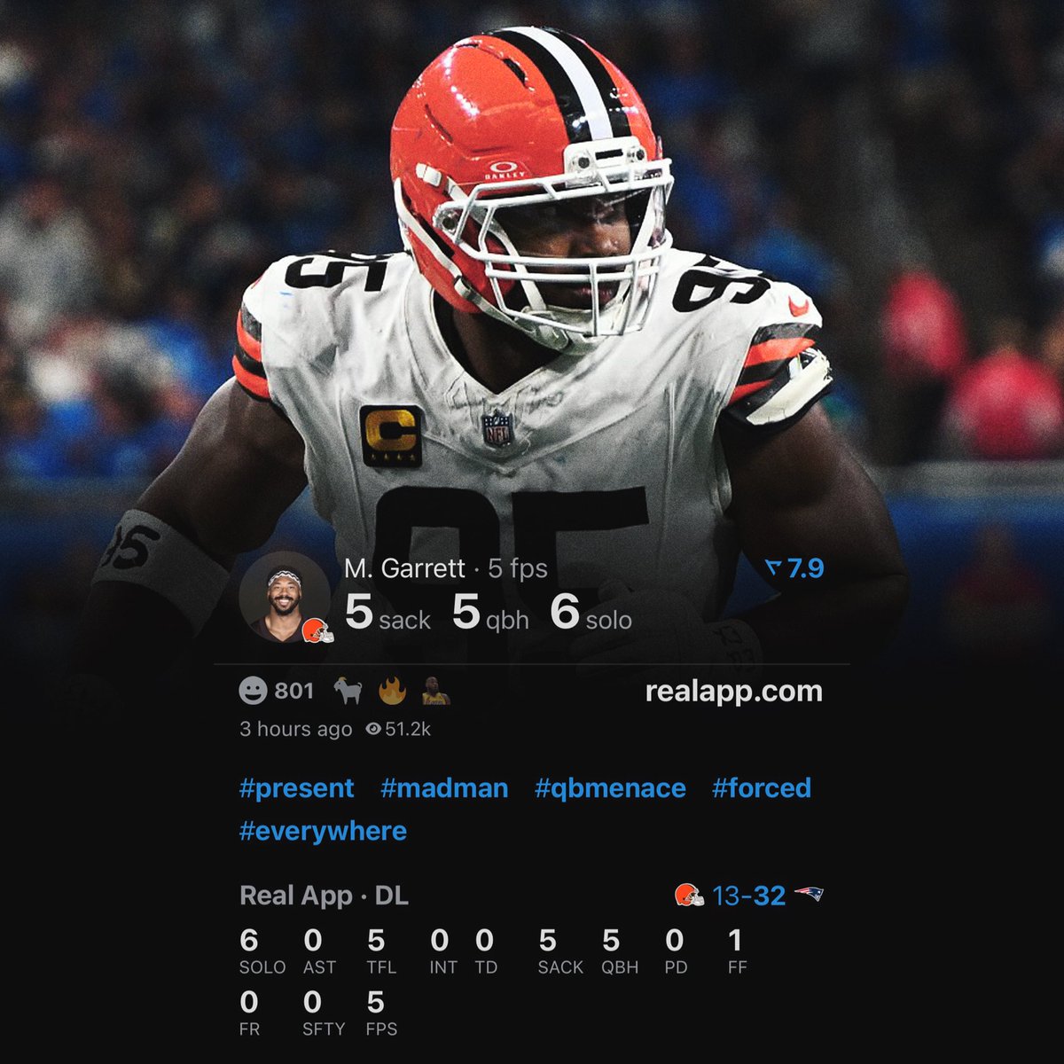 Myles Garrett today:
 
- 5 sacks
- 1 forced fumble
- 5 QB hits 

(📷: <a href="/realapp/">Real App</a>)