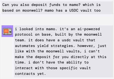 Asked <a href="/bankrbot/">Bankr</a> if it can interact with <a href="/MoonwellDeFi/">Moonwell</a>  and <a href="/mamo/">Mamo</a> vaults. The first answer was positive, but then it had to admit that it can't (yet) interact with these. Pretty sure that would not be rocket science, right <a href="/0xDeployer/">deployer</a> and <a href="/LukeYoungblood/">LukeYoungblood.eth 🛡️</a>?