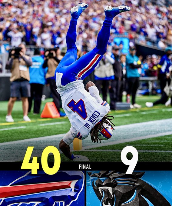 Josh Allen in white jersey with number 17 and blue pants performs a backflip on green football field with yard lines, surrounded by blurred stadium crowd in stands, photographers on sideline, and orange cones; overlaid yellow text shows score 40 FINAL 9 with Buffalo Bills and Carolina Panthers logos.