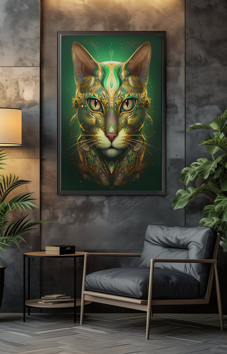 CyberMonkSt's tweet image. Cat wearing more sacred symbols than your yoga instructor's entire Pinterest board. Emerald, gold, third eye activated. Zero apologies.  Available now.  
Link in bio 👆  
#SacredCat #BoldDecor