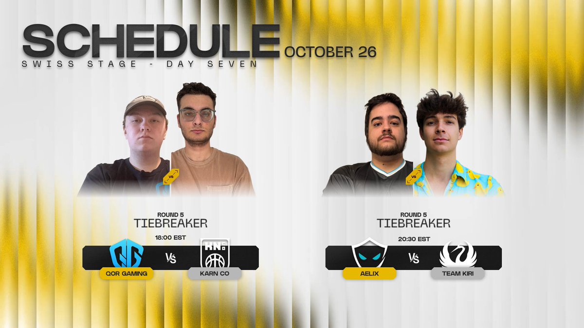 R6esportsNA's tweet image. Do or die, tonight is the round five tiebreakers ⚔️

@QorGaming 🆚 @KarnLFO 
⏰ 6:00pm EST

@AelixGG 🆚 @TeamKIRIgg 
⏰ 8:30pm EST

Win and go to playoffs, lose and be eliminated 👀🏆

Live tonight 👇
📺 twitch.tv/Rainbow6Bravo