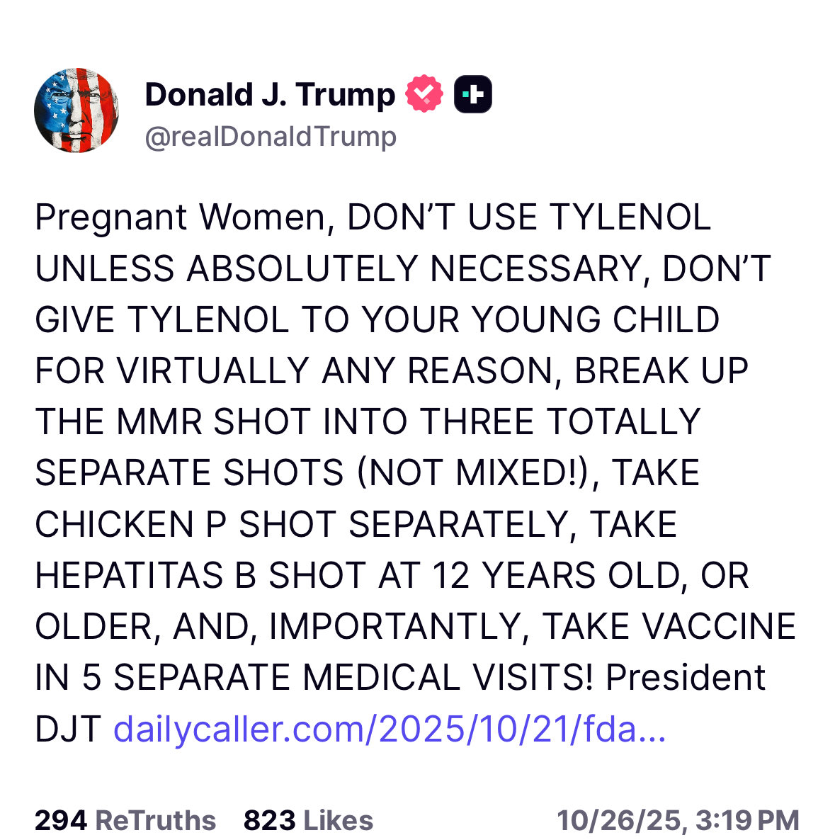 BreannaMorello's tweet image. 🚨JUST POSTED🚨
President Trump reminds pregnant women not to take Tylenol during pregnancy.
He also says not to give it to young children. 
He also issues vaccine suggestions.