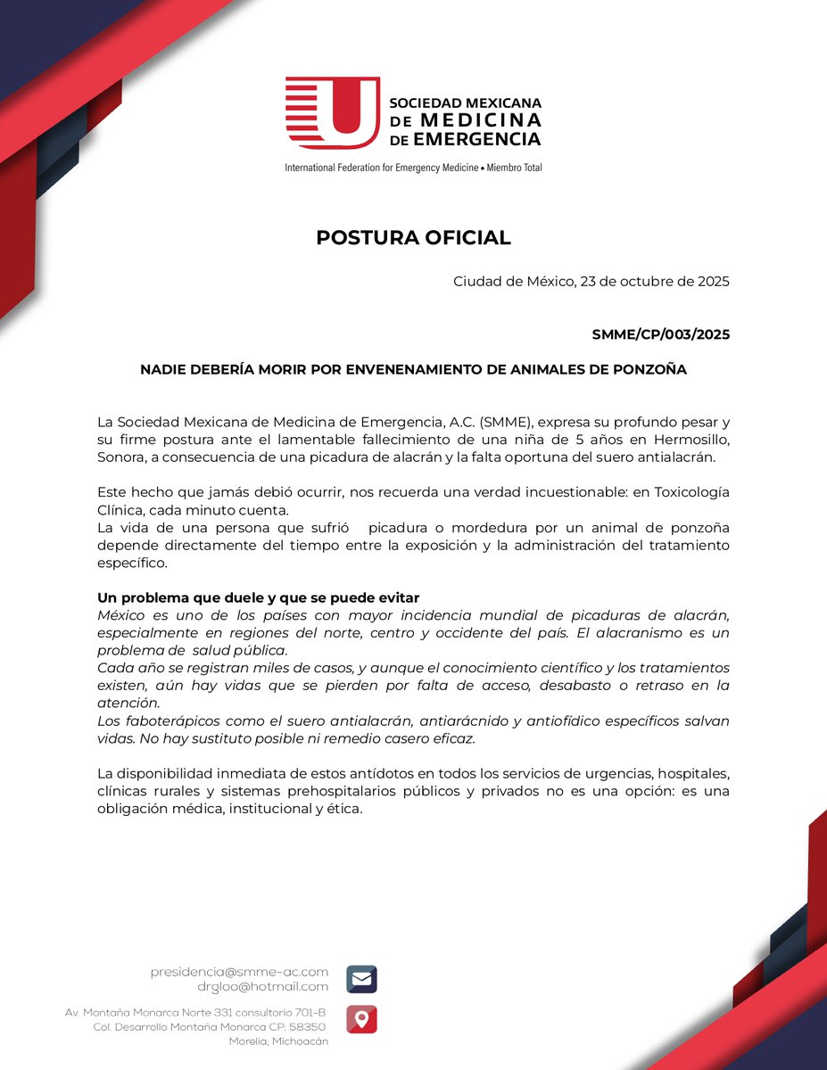🧵 1/8 | POSTURA OFICIAL
 Sociedad Mexicana de Medicina de Emergencias #SMME
👉 NADIE DEBERÍA MORIR POR ENVENENAMIENTO DE ANIMALES DE PONZOÑA. 🦂💔
Ante el fallecimiento de una niña de 5 años en Hermosillo, reafirmamos: cada minuto cuenta.
⬇️