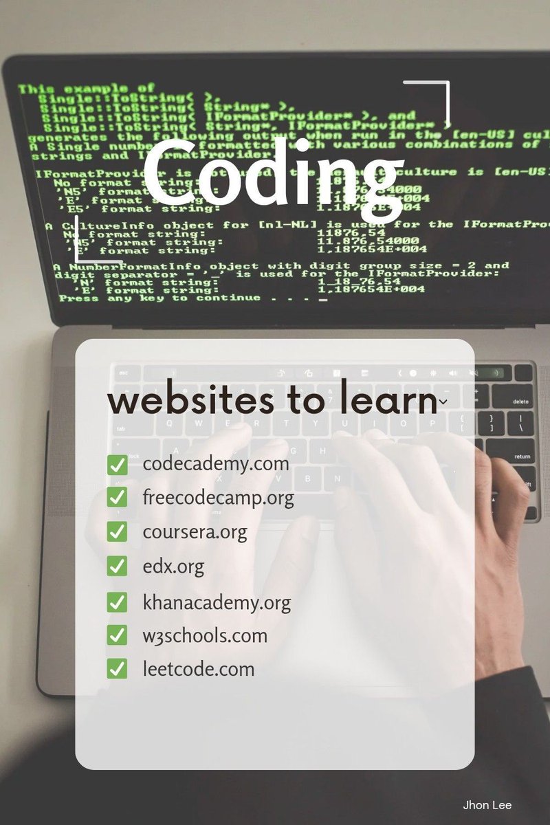 Content_VA's tweet image. 20 Coding Learning Websites ✅
1. Codecademy
2. freeCodeCamp
3. W3Schools
4. Code.org
5. LeetCode
6. Mimo
7. Codédex
8. CodinGame
9. Exercism
10. Udemy
11. Coursera
12. edX
13. Pluralsight
14. The Odin Project
15. DataCamp
16. Khan Academy
17.…