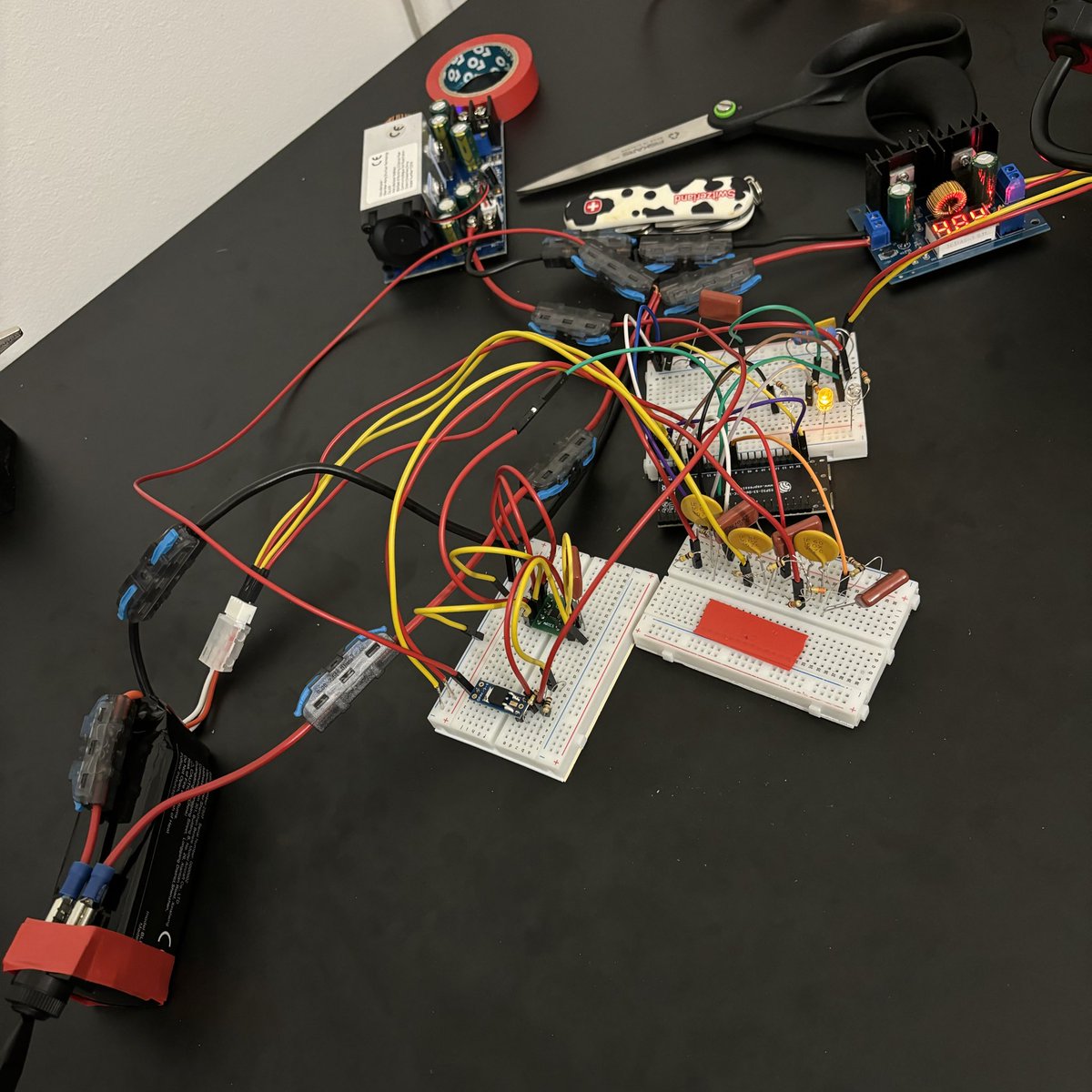 Finally, I’m satisfied with my battery management system and can put everything together on a perfboard

So a single 12v 3S LiPo is split into 2 lines - one for controllers (ESP) and another for the motors (2 bucks that lower the source voltage to 5v and 6v)

Then I thought that