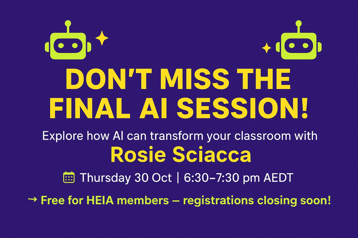 HEIAInc's tweet image. AI in education: Upcoming webinar - mailchi.mp/heia.com.au/th…
heia.com.au/heia-events
#HEIA #AIinEducation #HomeEconomics