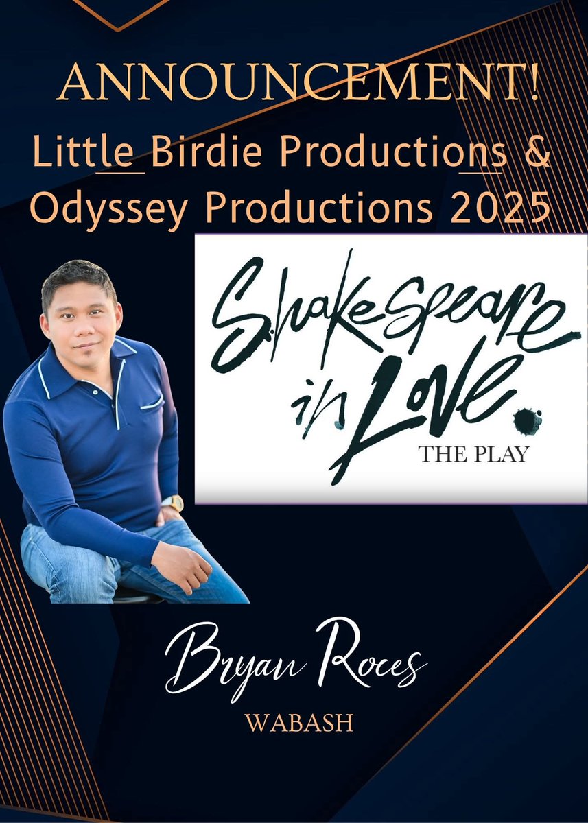ROLE ANNOUNCEMENT!!!

I'm happy to announce I'm playing the role of Wabash for a play called "Shakespeare in Love." Thank you, Little Birdie Productions, and Odyssey Productions  for the opportunity! I'm excited to play this role and do this show with this amazing cast and crew!
