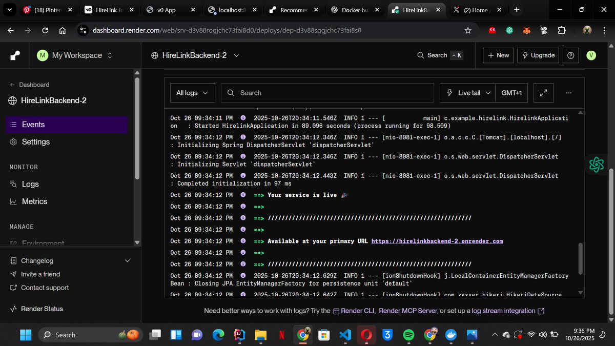 seye_victor4's tweet image. 🚀 The backend API for my HireLink full-stack web app is now live on Render!
Built with Spring Boot, PostgreSQL, and Docker powering seamless connections between job seekers and employers. #SpringBoot #Render #PostgreSQL  #FullStack