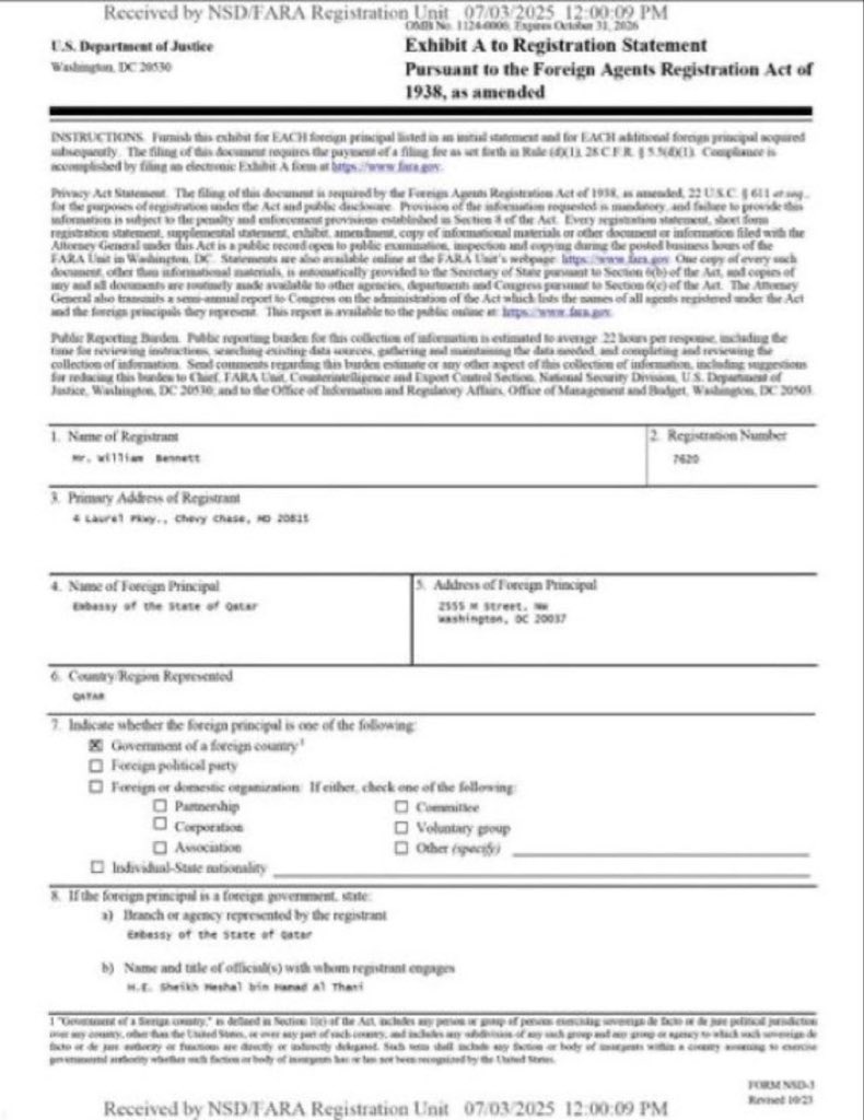 Former U.S. Education Secretary William Bennett just registered as a foreign agent for Qatar.

He’s being paid $30K/month to convince Americans that Qatari universities don’t support Islamist extremism.