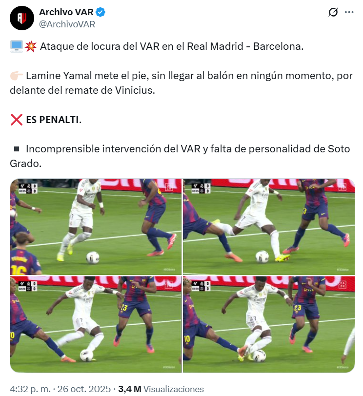 Archivo BLANCAZO VAR, hace tiempo que perdió el Norte y la dignidad... en el análisis arbitral la credibilidad se gana NO CAYENDO EN CONTRADICCIONES y estos salen a contradicción por semana.

Me acabáis de avisar de que dicen que "Lamine hace penal a Vinicius porque pone el pie