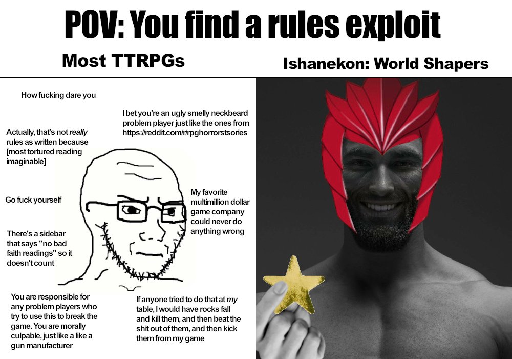 In our community, you get rewarded with gold stars for breaking the game. I can only fix problems I know of, after all.
I have added an official leaderboard on the website. Show me your power gamer might! #ttrpg
(Meme made by Xᴇɴᴏɴ)