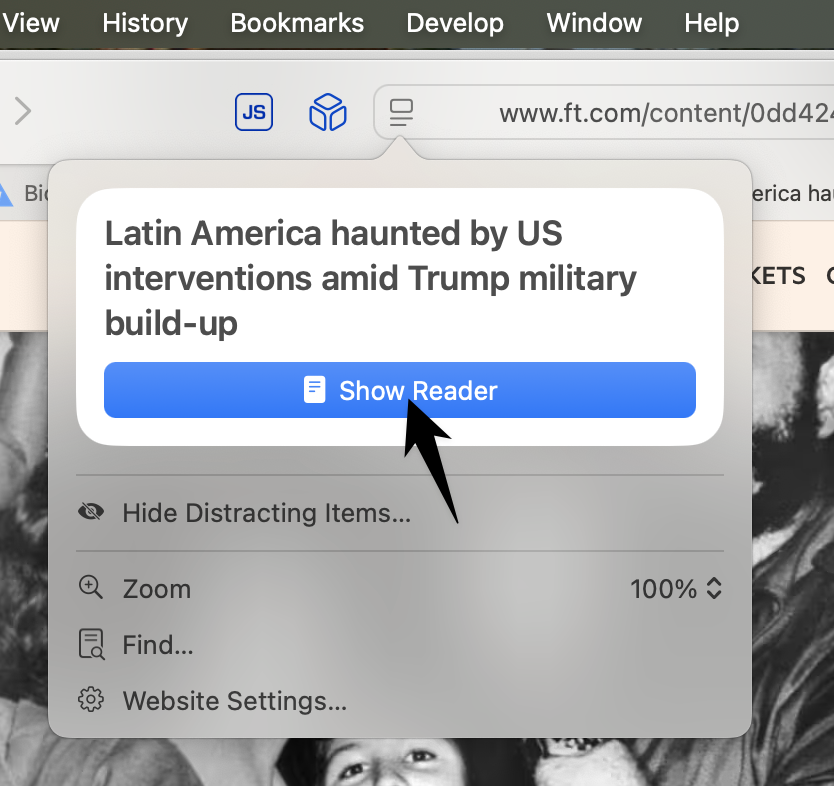 Hit this, ⌘+A, ⌘+C - then paste into your LLM - much quicker than drag-selecting an article.