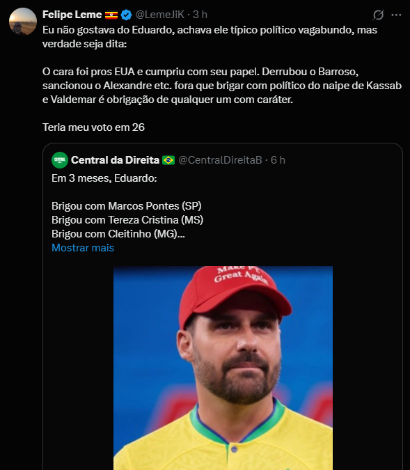 Quanto mais falam do Eduardo Bolsonaro, mais o pessoal vê o desespero do sistema, mais gente apoiando ele.