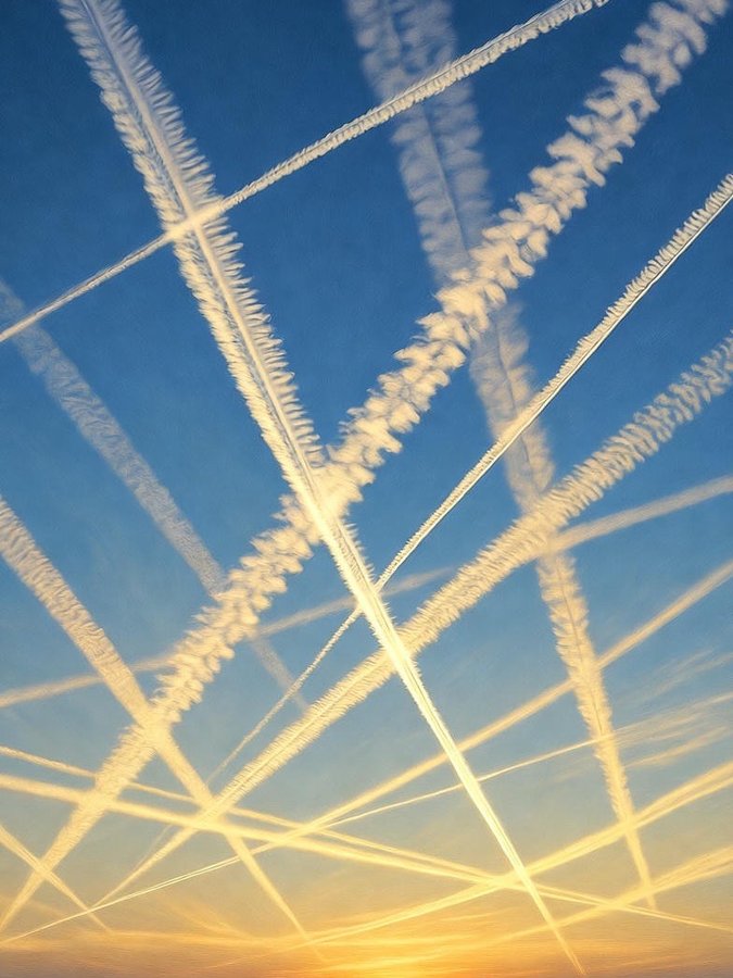 A clear blue sky filled with multiple white contrails from airplanes crossing in various directions, creating an intersecting pattern against the horizon at sunset with warm orange hues blending into the blue.