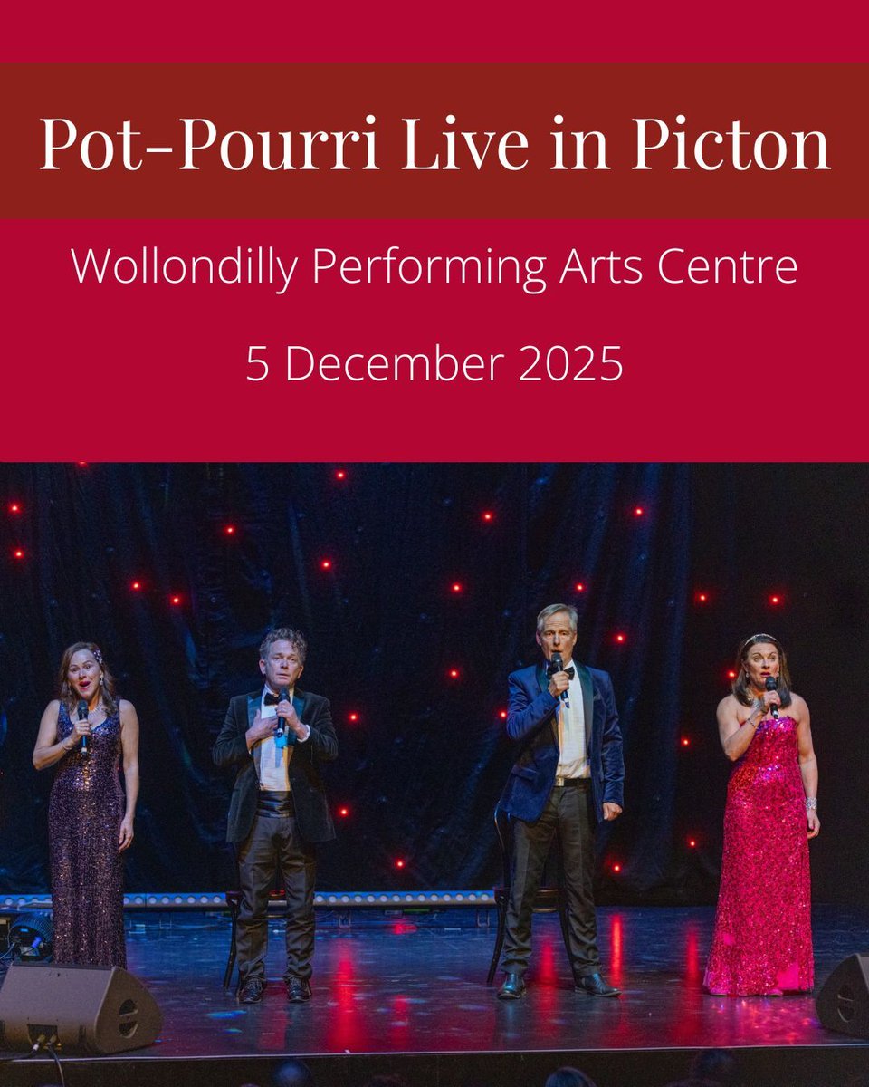 From Figaro to Phantom – a night of musical magic.
Broadway, opera and musical theatre classics by Pot-Pourri.
📅 Thu 5 Dec | 7:30 PM
📍 Wollondilly Performing Arts Centre, #Picton NSW 
Book now: wollondillypac.com.au/whats-on/from-…