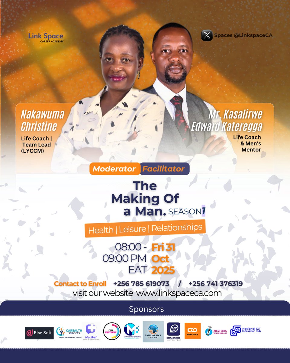 Friday: Health, Leisure, and Relationships - "The Making of a Man Season 1"
#TGIFHealth
#MakingOfAMan
#ManhoodJourney
#Season1Insights
#FridayManTalk
<a href="/CarealthS1/">CAREALTH SERVICES LTD</a> 
<a href="/CliffDevis/">Cliff Devis Lubega</a> 
<a href="/PathOfMen_/">Path of Men</a> 
<a href="/nakawumaxtine/">Nakawuma Christine</a>