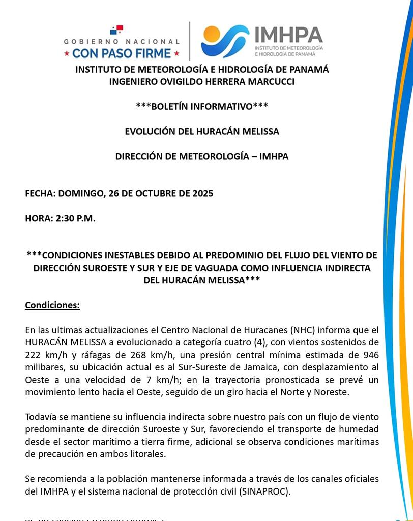 📣 Boletín Informativo- Evolución del Huracán Melissa 🌪