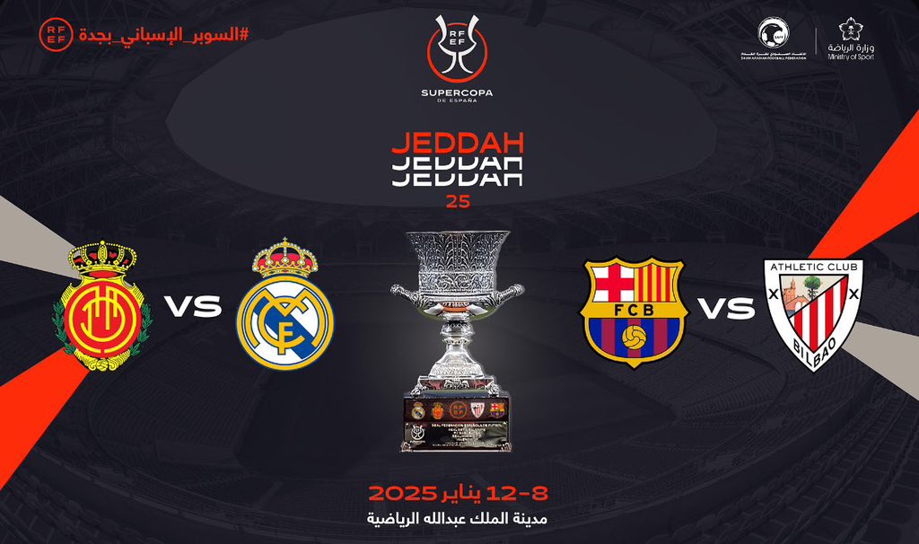 ticket_evinto's tweet image. متاحة الآن لدينا تذاكر مباريات كأس السوبر الإسباني في جدة على ملعب الجوهرة🇸🇦🦅

نصف النهائي:
- مباراة ريال مدريد VS مايوركا 9 يناير 
- برشلونة VS أتليتكو بيلباو 8 يناير 

احجز تذكرتك الآن عبر الرابط بالصفحة📲
#السوبر_الاسباني_بجدة