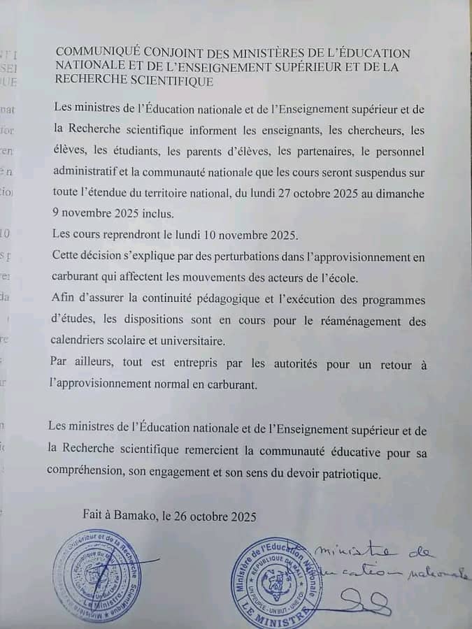 sahellibre's tweet photo. #Mali 

Dans un communiqué publié ce dimanche, les ministères en charge de l'éducation annoncent une suspension des activités académiques, du primaire au supérieur, à cause «des perturbations dans l'approvisionnement en carburant qui affectent les acteurs de l'école» https://t.co/LsTp1c1cha