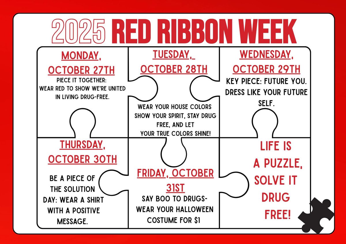 Red Ribbon Week 2025 🧩

Life is a Puzzle — Solve It Drug Free!
Join us October 27–31 as we show our spirit, make positive choices, and celebrate living drug-free! 💪
#RedRibbonWeek #SouthviewStrong #TheView #DrugFreeLooksLikeMe