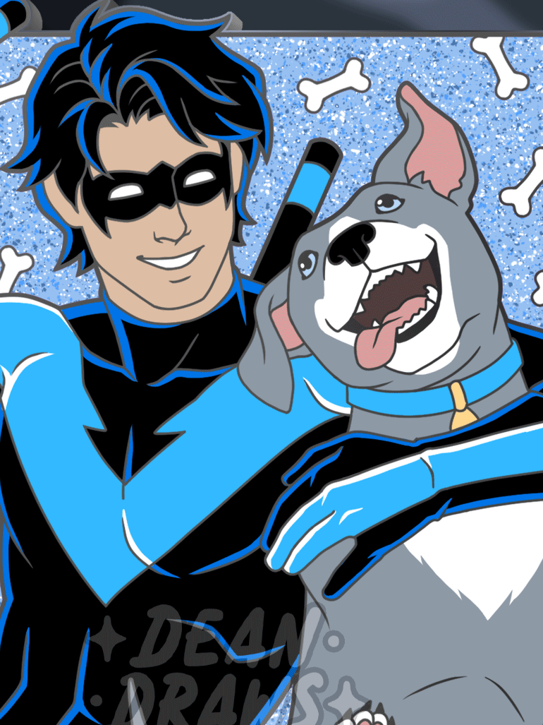 Deandrawsarts's tweet photo. Preorder Nightwing and Bitewing pin soon! Here's a little teaser to tide you over until November 1st. ;D Nightwing will be 2.5 inches tall, glitter enamel and scree printed details, three spurs on the back. Comes with a free matching sticker!  #Nightwing #enamelpins https://t.co/FbmnW0m6ft