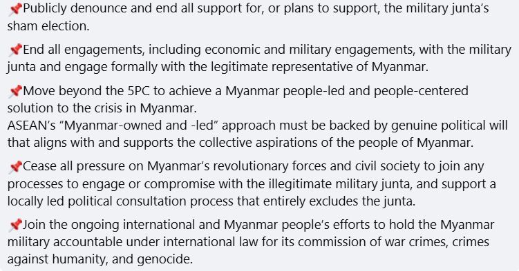 <a href="/SEAJunction/">SEA Junction</a> <a href="/DebbieStot/">Debbie Stothard</a> <a href="/LiaSciortino/">Lia Sciortino</a> <a href="/pup_kornkanok/">Pup Kornkanok Khamta</a> Mon, Tue, Wed: 
Support the peoples of Myanmar by taking part in the Comment campaign "ASEAN #RejectShamElection"  a campaign to demand that ASEAN ends engagement with the military Junta &amp; does not legitimise the sham elections. Leave comment at ASEAN social medias

6/