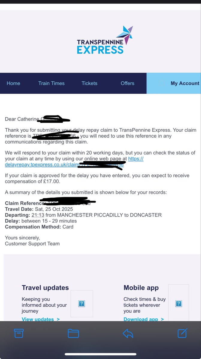 Bqnter_'s tweet photo. Hey @TPEassist @TPExpressTrains 

Can I ask why I should be getting just £17 delay compensation for 2 FIRST CLASS tickets?

Whose bright idea was it to put a 3 carriage train from Piccadilly when there was 2 football games on yesterday, both 5:30pm kick offs? https://t.co/mYE58gE3x8