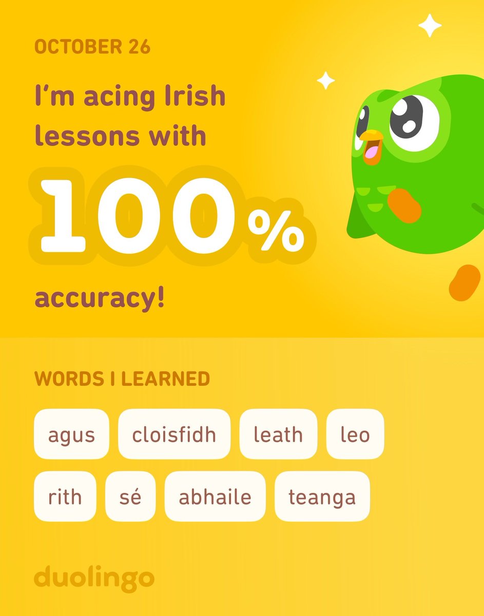 I’m learning Irish on Duolingo! It’s free, fun, and effective.