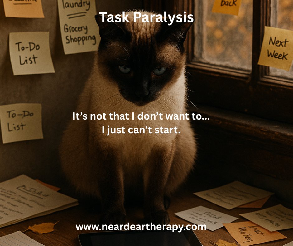 RatkovichAmy's tweet image. ADHD Awareness Month!
Not laziness. It's overwhelm.
When a task feels too big, your brain freezes.
Break it down...
Don’t clean the kitchen — just wash one cup. 
#ADHDAwarenessMonth #ADHDParalysis #ExecutiveFunction #Motivation
neardeartherapy.com