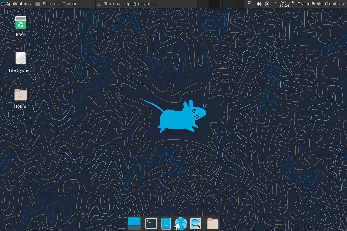 elvmeen's tweet image. Only because I want to host a forex bot, I spent over 19 hours setting up Oracle's free tier remote Linux Desktop (XFCE).  I don't think someone should really pay to use cloud resources like VPS as an individual.
At least XFCE UI + wallpaper of Oracle Linux made my day.