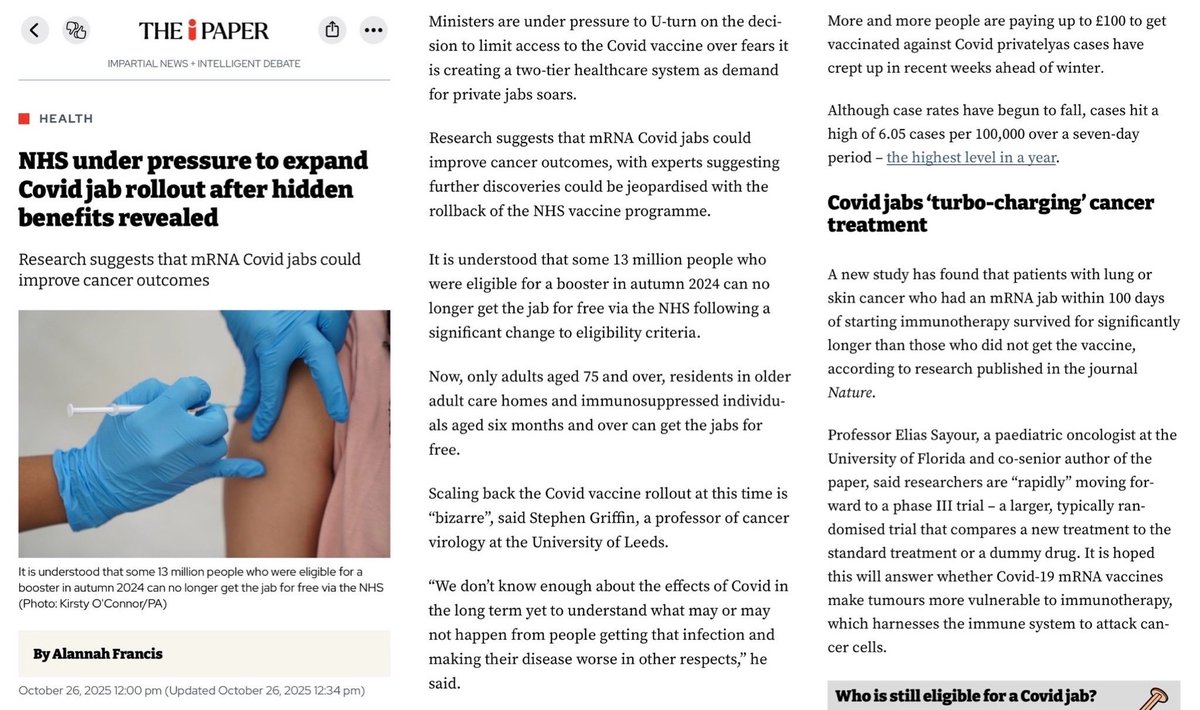 “NHS UNDER PRESSURE TO EXPAND COVID JAB ROLLOUT AFTER HIDDEN BENEFITS REVEALED”

Research suggests mRNA Covid jabs could IMPROVE cancer outcomes, but experts say further discoveries could be jeopardised by significant reduction in eligibility criteria.

inews.co.uk/news/health/nh…