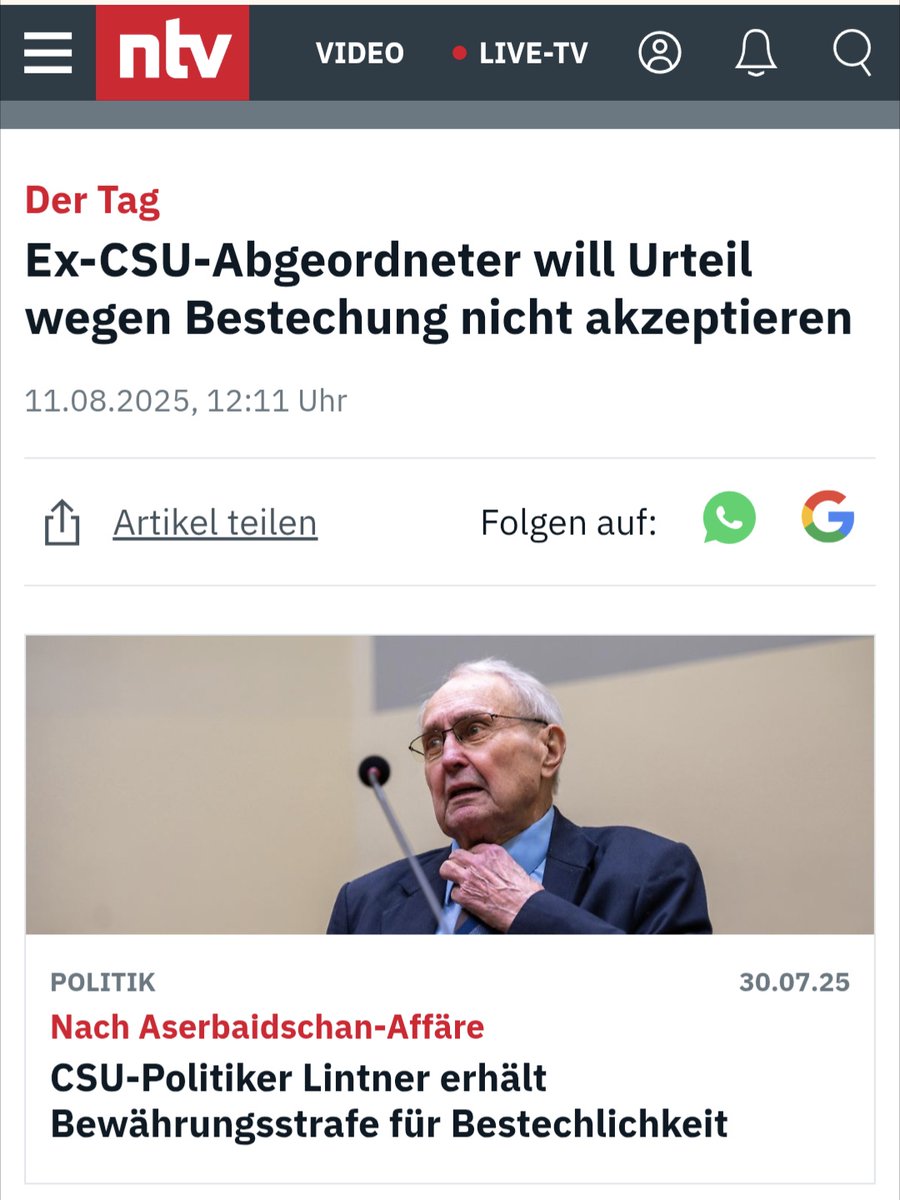 Ex CSU-Politiker nach seiner Verurteilung wegen Korruption:

"Ich habe das Ganze für die Art von Lobbyismus gehalten, die bis heute praktisch allgegenwärtig ist."

Und damit ist meine Meinung zur Union auch zu 100% bestätigt.

n-tv.de/der_tag/Ex-CSU…