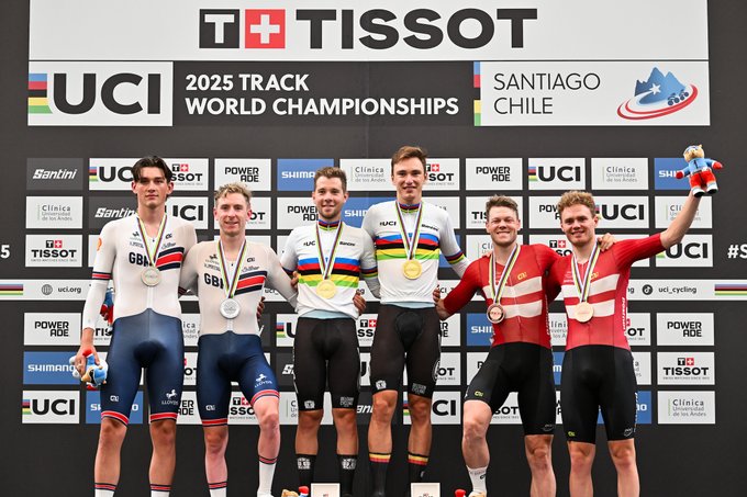 Six male track cyclists stand on a podium in Santiago Chile for the 2025 UCI Track World Championships sponsored by Tissot, wearing national team jerseys from Belgium Great Britain and Denmark, holding gold silver and bronze medals, with event banners and sponsor logos visible in the background including UCI and power sponsor panels. Another image shows six male cyclists on a stage under a domed venue with rainbow jersey leader and national team representatives standing with officials in suits, event screens displaying rankings and Santiago 2025 branding. A close-up features two male cyclists in white and rainbow-striped jerseys with gold medals around their necks, standing side by side with arms around each other against sponsor backdrops like Shimano and Tissot.
