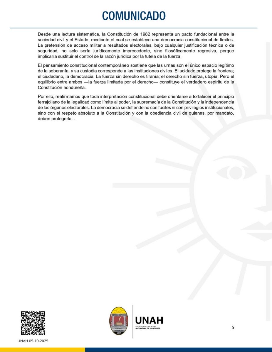 UNAH_Rectoria's tweet photo. En el marco de las atribuciones que la normativa le faculta a la @UNAHoficial; compartimos un análisis académico jurídico constitucional sobre la solicitud presentada por las @FFAAHN al @CNEHON https://t.co/DHrgmbxWXV