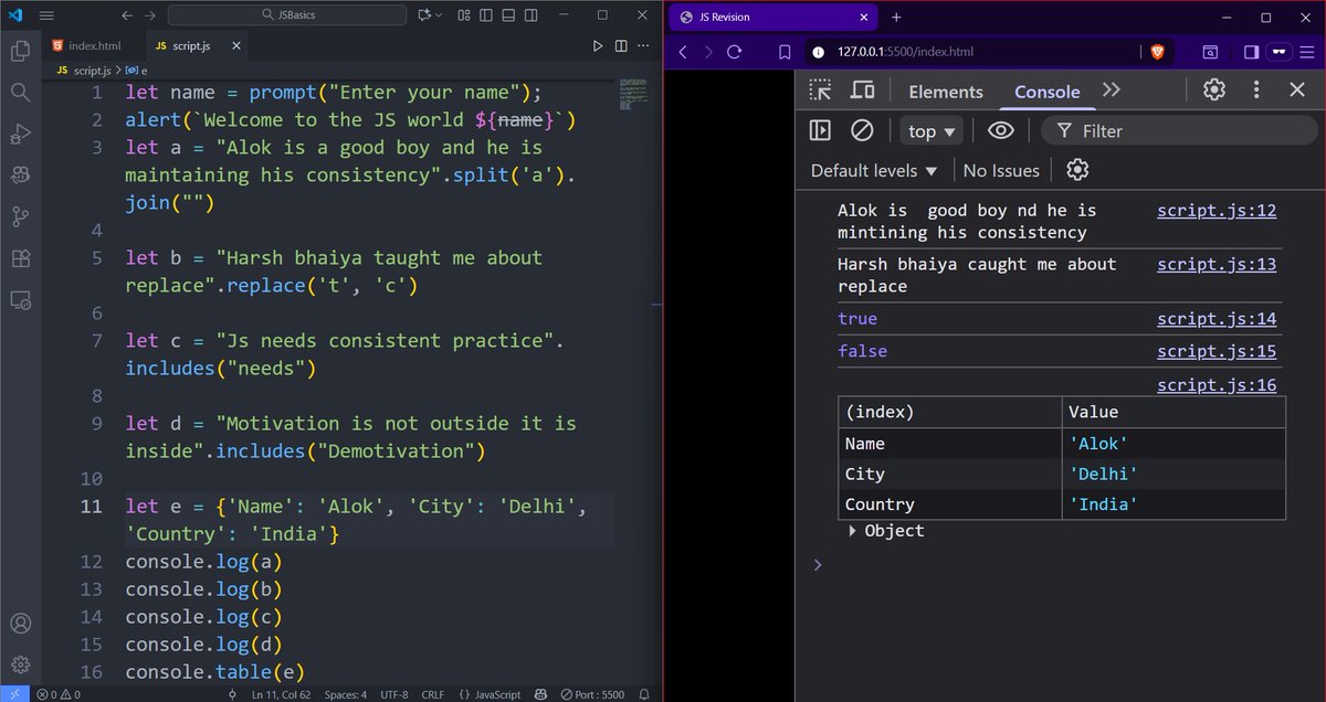 AlokDevJourney's tweet image. Day 31 #100DaysOfCode - JS Revision Done ✅  
☑️let/const/var
☑️console.table/warn/error
☑️template literals
☑️prompt/alert
☑️statement vs expression
☑️replace, includes, split
Drop 1 thing jo aaj revise kiya!
Tag a friend jo revision bhool jata hai 😂
#javascriptlearning