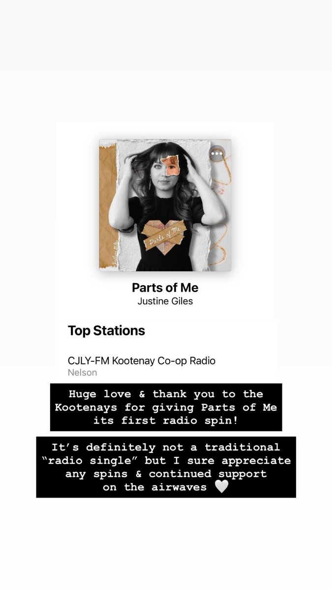 Huge love &amp; thank you to the Kootenays for giving Parts of Me its first radio spin! 

It’s definitely not a traditional “radio single” but I sure appreciate any spins &amp; continued support on the airwaves 🤍