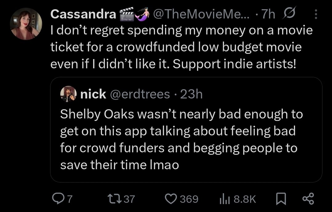 LiveBeware's tweet image. These backhanded compliments for Shelby Oaks are worse than the bad reviews.