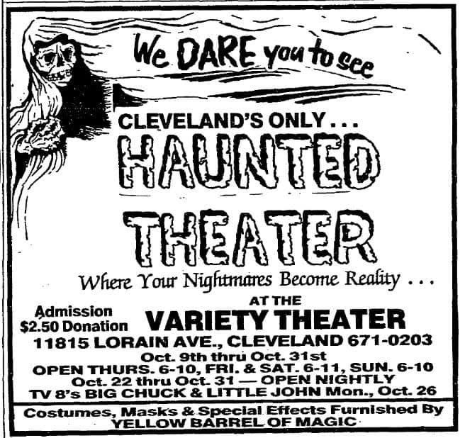 SkrticX's tweet photo. Variety Theatre. 11815 Lorain Ave. Cleveland's Only Haunted Theater. Source: October, 1987 Cleveland Plain Dealer. https://t.co/I0bVIZTXyG