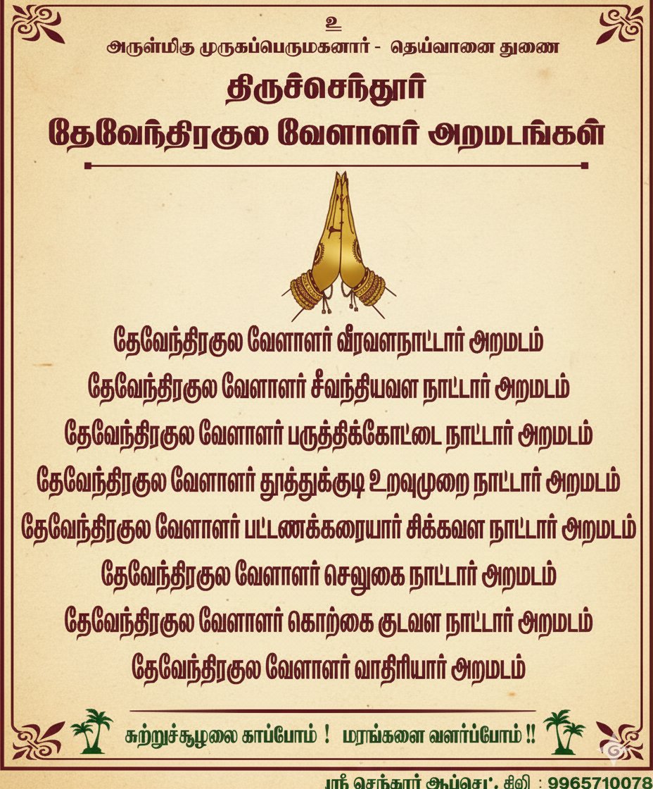 #திருச்செந்தூர் #கந்தசஷ்டிதிருவிழா 
#சூரசம்ஹாரம்
#2025
#தேவேந்திரகுலவேளாளர்

அன்புடன் வரவேற்கின்றோம்

திருச்செந்தூர் தேவேந்திரகுலவேளாளர் அறமடங்கள் 
<a href="/vhsindia/">Virat Hindustan Sangam</a>
<a href="/DywaMedia/">🅳🆈🆆🅰 🅼🅴🅳🅸🅰</a> <a href="/Rajan_ptt/">rajanptt</a> 
<a href="/hindumunnani_tn/">Hindu Munnani</a> <a href="/ArunpandianA4/">Er.Arunpandian Kudumbanaar</a> <a href="/tnhrcedept/">TN HRCE</a> <a href="/thannarva/">THEVENDRAR THANNARVA ARAKKATTLAI</a> <a href="/Swamy39/">Subramanian Swamy</a> <a href="/TamilvananDKV/">Tamil vanan</a>