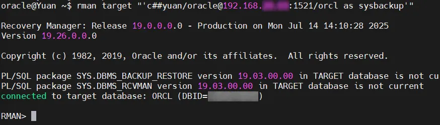 YuanOracle's tweet image. Why two quotes in the command?
Outer quotes keep the whole string intact for bash.
Inner quotes tell RMAN that the connect string + role is one token.
→ First level = bash, second level = RMAN.
