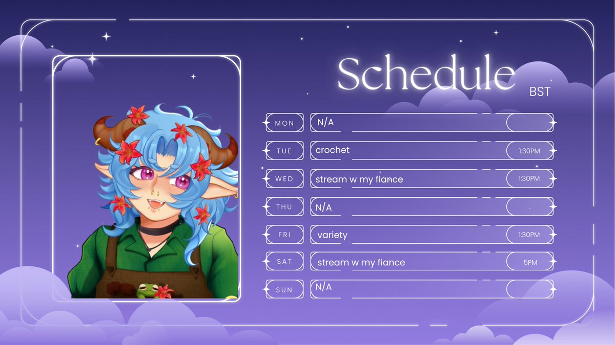 🌿✨ The kettle’s warm, the yarn’s ready, and the games are picked!
Here’s next week’s cozy stream lineupf 💛
Which day are you most excited for? 🌸
🔗 twitch.tv/babsthewolf
#Vtuber #CozyGaming #BabsTheWolf