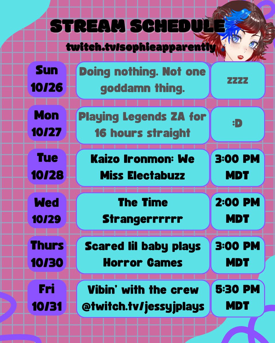SoapyApparently's tweet image. It's the last schedule of October! Little funky this week since I'm gonna be hangin' with the Regression crew of Friday, and pissing my pants live on stream Thursday.

Also... I may get dressed up for Halloween... hehehe 👀