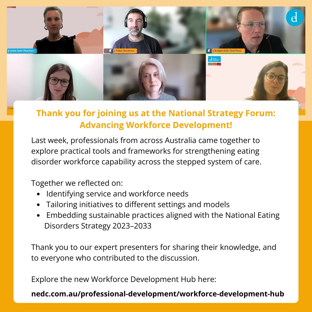 NEDC_Australia's tweet image. 💬 Thank you to everyone who joined our National Strategy Forum: Advancing Workforce Development last week!

Together we explored practical tools to build capability across the stepped system of care.

🔗 nedc.com.au/workforce-deve…
#NEDC #EatingDisorders